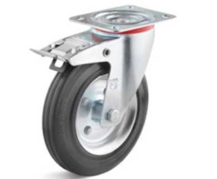 Roata cu carcasa pivotanta cu frana cauciuc negru rigid WLL=50-385kg, D=80-280mm