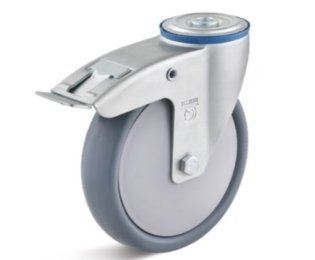Roata cauciuc termoplastic, rulment cu bila, carcasa pivotanta cu frana si alezaj, WLL=80-220kg, D=80-200mm
