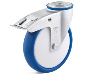 Roata poliuretan, rulment cu bile, carcasa pivotanta cu frana si alezaj, WLL=100-300kg, D=80-200mm