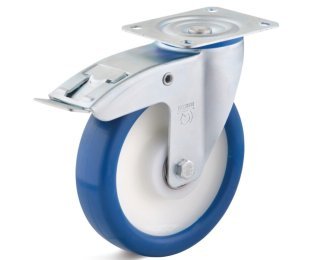 Roata poliuretan, rulmenti cu bila, carcasa pivotanta cu frana, WLL=150-450kg, D=80-250mm