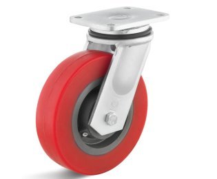 Roata poliuretan elastic rosu, rulment, carcasa pivotanta, WLL=300-1800kg, D=82-300mm