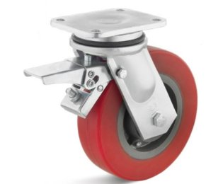 Roata poliuretan elastic rosu, rulment, carcasa pivotanta, frana, WLL=300-1800kg, D=100-300mm
