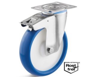 Roata poliuretan rigid, rulment si carcasa pivotanta cu frana INOX, WLL=100-270kg, D=80-200mm