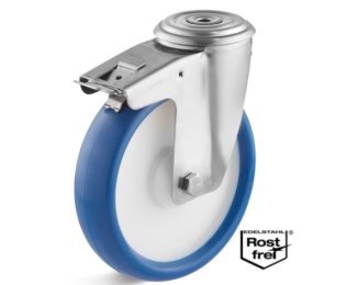 Roata poliuretan rigid, rulment si carcasa pivotanta cu frana si alezaj din INOX, WLL=100-270kg, D=80-200mm