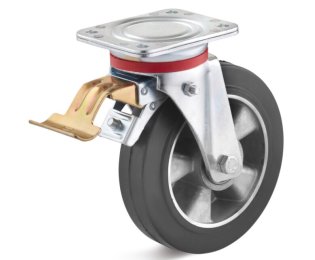 Roata cauciuc elastic, carcasa pivotanta cu frana HEAVY DUTY, WLL=180-500kg, D=100-250mm