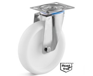 Roata polipropilena, rulment si carcasa pivotanta INOX, WLL=130-300kg, D=80-200mm