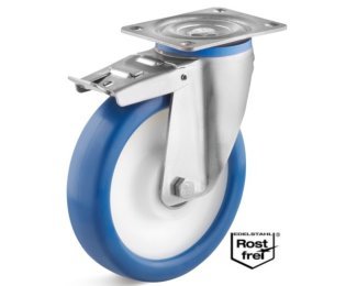 Roata poliuretan rigid, rulment si carcasa pivotanta cu frana INOX, WLL=150-500kg, D=80-200mm
