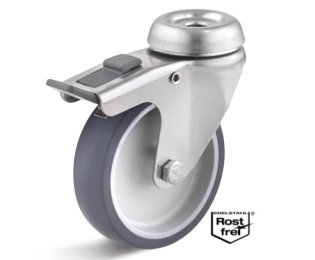 Roata termoplast cu lagar alunecare, carcasa pivotanta cu frana si alezaj INOX, WLL=40-80kg, D=50-100mm
