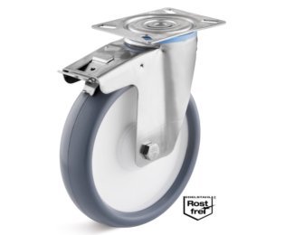 Roata termoplast, rulment si carcasa pivotanta cu frana INOX, WLL=80-220kg, D=80-200mm