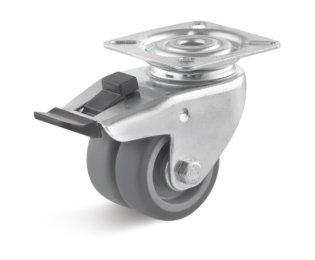 Roata dubla termoplast lagar alunecare, carcasa pivotanta cu frana, WLL=80-100kg, D=50-75mm