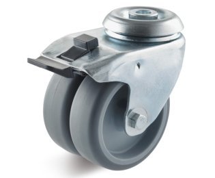 Roata dubla termoplast lagar alunecare, carcasa pivotanta cu frana si alezaj, WLL=80-100kg, D=50-75mm
