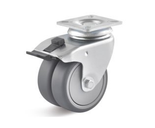 Roata dubla termoplast, rulment cu bila, carcasa pivotanta cu frana, WLL=80-100kg, D=50-75mm