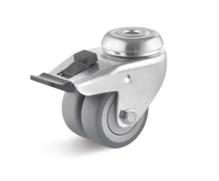 Roata dubla termoplast, rulment cu bila, carcasa pivotanta cu frana  alezaj, WLL=80-100kg, D=50-75mm
