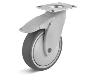 Roata cauciuc termoplastic, rulment cu bila, cu carcasa pivotanta cu frana, WLL=100kg, D=100-125mm