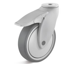 Roata cauciuc termoplastic, rulment cu bila, carcasa pivotanta cu frana si alezaj, WLL=100kg, D=100-125mm