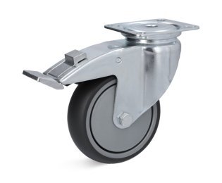 Roata cauciuc termoplastic, rulment cu bila, cu carcasa pivotanta cu frana, WLL=80-100kg, D=80-150mm