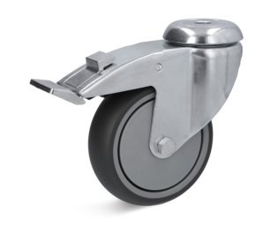 Roata cauciuc termoplastic, rulment cu bila, carcasa pivotanta cu frana si alezaj, WLL= 80-100kg, D=80-150mm