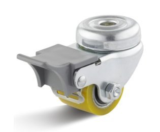 Roata utilaj din poliuretan, carcasa pivotanta cu frana si alezaj, WLL=100kg, D=35mm
