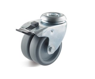 Roata dubla termoplast, carcasa pivotanta cu frana si alezaj, WLL=80-100kg, D=50-75mm