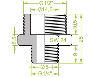 Niplu dublu ventuze filet exterior G½" - filet exterior G¼" L=25mm