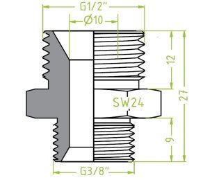 Niplu dublu ventuze filet exterior G½" - filet exterior G3/8" L=27
