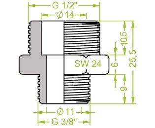 Niplu dublu ventuze filet exterior G½" - filet exterior G3/8" L=25.5mm