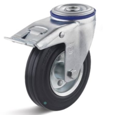 Roata cu carcasa pivotanta cu frana cu alezaj si cauciuc negru rigid WLL=135 kg, D=160 mm