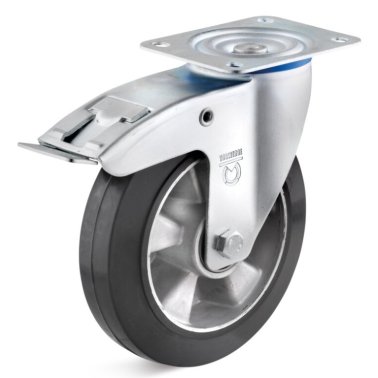 Roata cauciuc elastic, carcasa pivotanta cu frana, portanta WLL=400 kg, D=200 mm