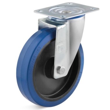Roata cauciuc elastic albastru, carcasa pivotanta, WLL=125 kg, D=100 mm