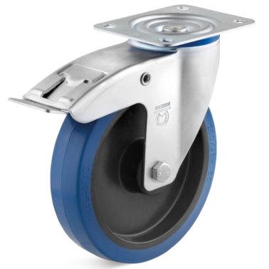 Roata cauciuc elastic albastru, carcasa pivotanta cu frana, WLL=100 kg, D=80 mm