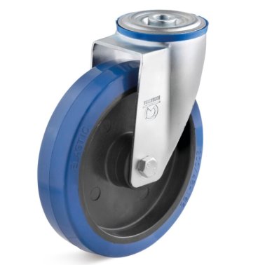 Roata cauciuc elastic albastru, carcasa pivotanta cu alezaj, WLL=300 kg, D=160 mm