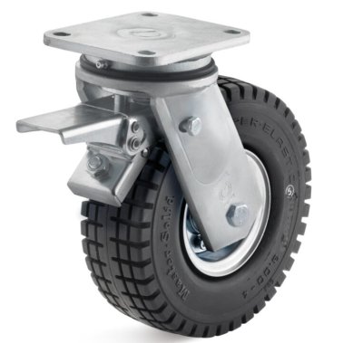 Roata cauciuc superelastic negru, janta otel zincat, carcasa pivotanta cu frana, WLL=260kg, D=250mm