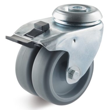 Roata dubla termoplast lagar alunecare, carcasa pivotanta cu frana si alezaj, WLL=80 kg, D=50 mm