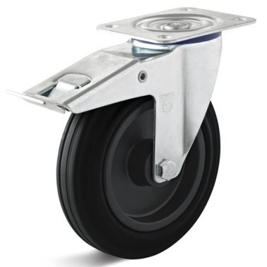 Roata cauciuc termoplastic, rulment cu ace, cu carcasa pivotanta cu frana, WLL=50 kg, D=80 mm