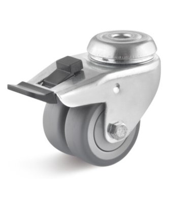 Roata dubla termoplast, rulment cu bila, carcasa pivotanta cu frana alezaj, WLL=80 kg, D=50 mm