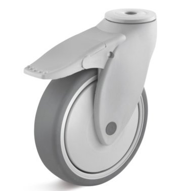 Roata cauciuc termoplastic, rulment cu bila, carcasa pivotanta cu frana si alezaj, WLL=100 kg, D=100 mm