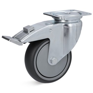 Roata cauciuc termoplastic, rulment cu bila, cu carcasa pivotanta cu frana, WLL=100 kg, D=125 mm