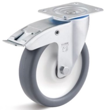 Roata cauciuc termoplastic, rulmenti cu bila, cu carcasa pivotanta cu frana, WLL=350 kg, D=200 mm