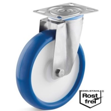 Roata poliuretan rigid, rulment si carcasa pivotanta din INOX, WLL=130 kg, D=125 mm
