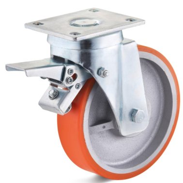 Roata poliuretan rulment cu bila, carcasa pivotanta cu frana, orange, WLL=200 kg, D=100 mm