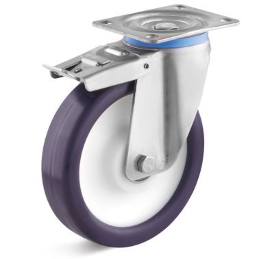 Roata poliuretan elastic, rulmenti cu bila, carcasa pivotanta cu frana, WLL=130 kg, D=80 mm