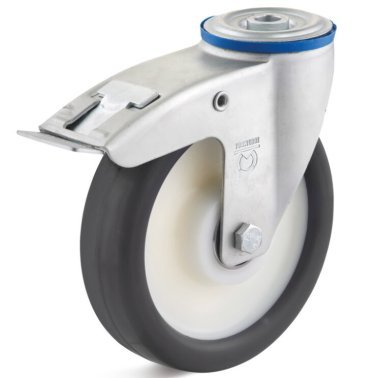 Roata poliuretan, rulment cu bila, carcasa pivotanta cu frana si alezaj, WLL=200 kg, D=125 mm