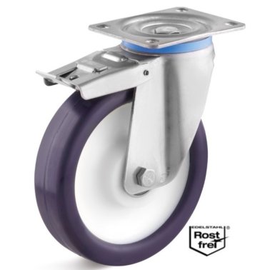 Roata poliuretan elastic, rulment si carcasa pivotanta cu frana INOX, WLL=130 kg, D=80 mm