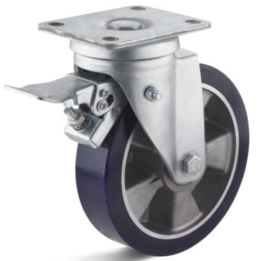 Roata poliuretan elastic, carcasa pivotanta cu frana, HAVY DUTY WLL=200 kg, D=100 mm