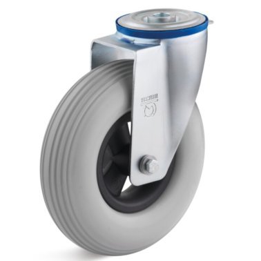 Roata poliuretan elastic expandat, rulment bila si role, carcasa pivotanta cu alezaj, WLL=100 kg, D=200 mm