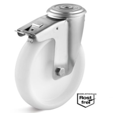 Roata polipropilena, rulment si carcasa pivotanta cu frana si alezaj INOX, WLL=130 kg, D=80 mm