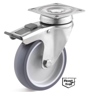 Roata termoplast cu lagar alunecare, carcasa pivotanta cu frana INOX, WLL=80 kg, D=100 mm