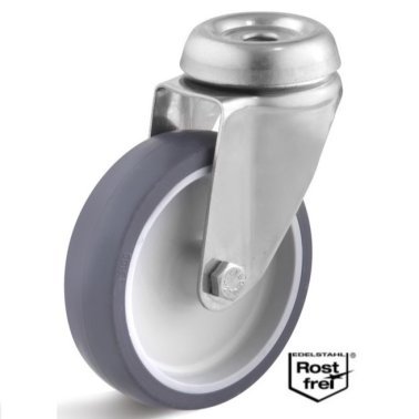 Roata termoplast cu lagar alunecare, carcasa pivotanta cu alezaj INOX, WLL=60 kg, D=75 mm