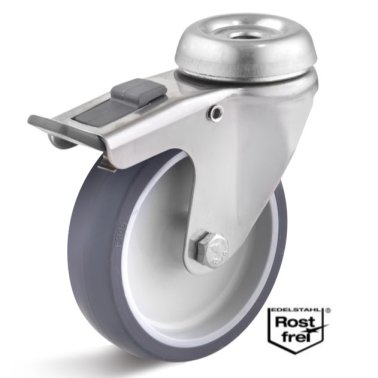 Roata termoplast cu lagar alunecare, carcasa pivotanta cu frana si alezaj INOX, WLL=60 kg, D=75 mm