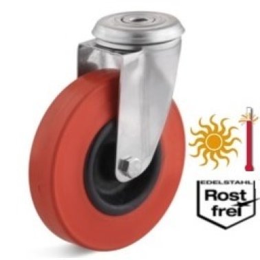 Roata cauciuc termorezistent, carcasa pivotanta cu alezaj INOX, WLL=80 kg, D=125 mm